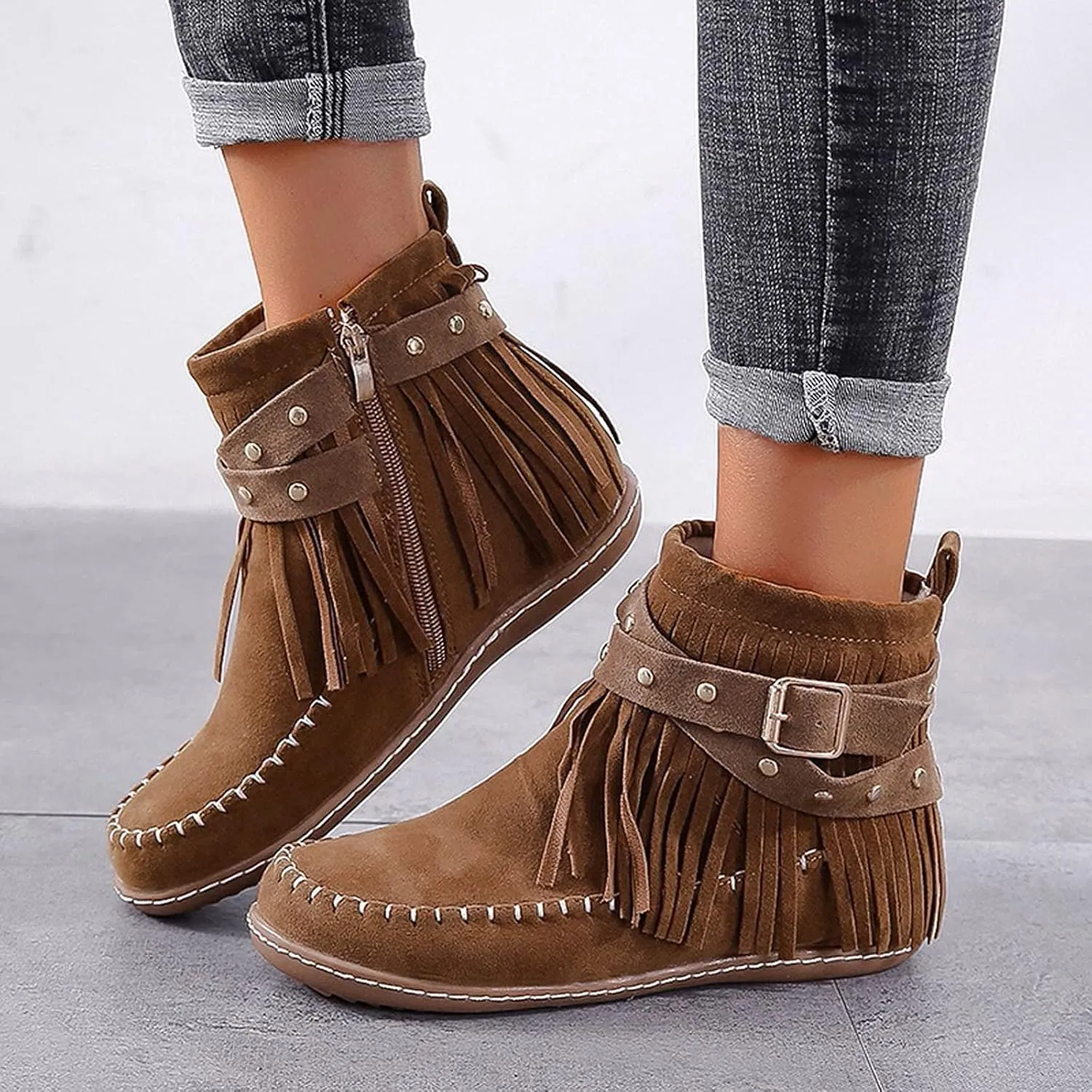 fabalshop Women's Western Cowboy Boots, Fringe Faux Suede Boots Retro Round Toe Fringe Buckle Strap Ankle Boot Low Heel Rome Flat Shoes Tassel Knight Booties Shoes