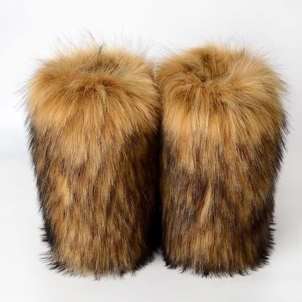 Faux Fur Boots for Women Fuzzy Fluffy Furry Round Toe Suede Winter Comfy Plush Warm Short Snow Bootie Flat Shoes Mid-Calf Boots Outdoor Indoor