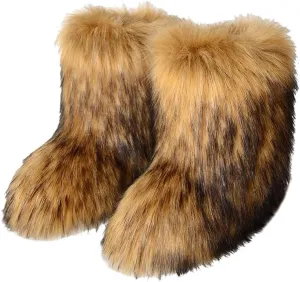 Faux Fur Boots for Women Fuzzy Fluffy Furry Round Toe Suede Winter Comfy Plush Warm Short Snow Bootie Flat Shoes Mid-Calf Boots Outdoor Indoor