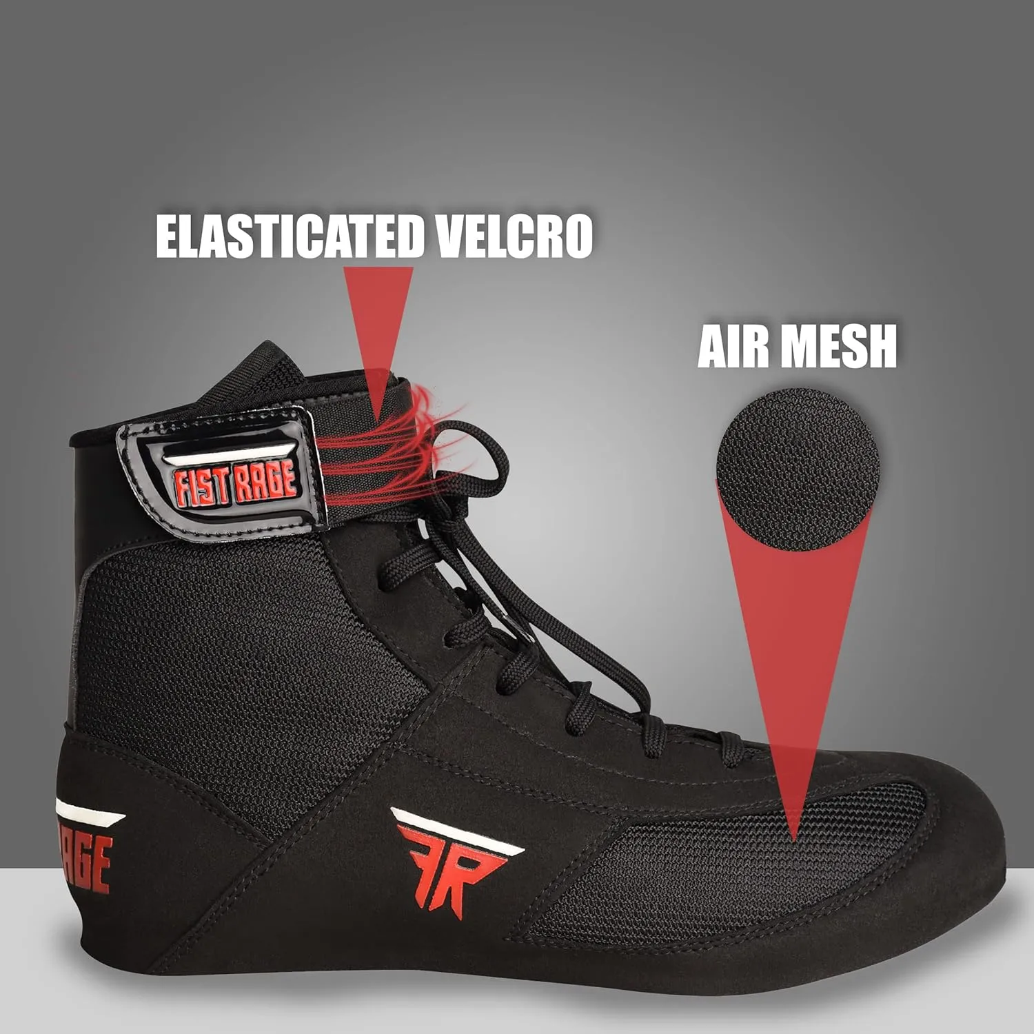 FISTRAGE Leather Kick Boxing Shoes Fighting Sports Master Training Mesh Unisex Pro Men's and Youth Genuine Boot Light Weight | Black Color Boxing Shoes for Adults