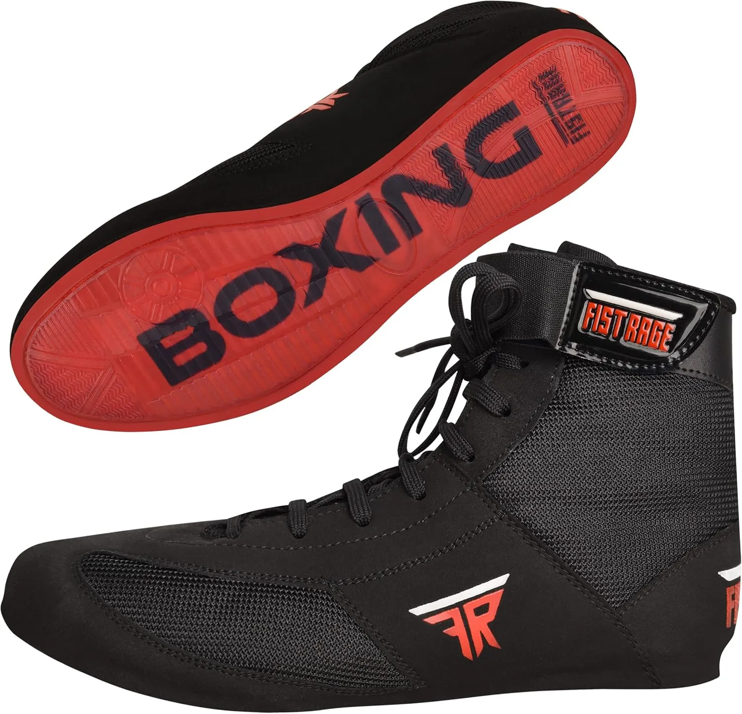 FISTRAGE Leather Kick Boxing Shoes Fighting Sports Master Training Mesh Unisex Pro Men's and Youth Genuine Boot Light Weight | Black Color Boxing Shoes for Adults