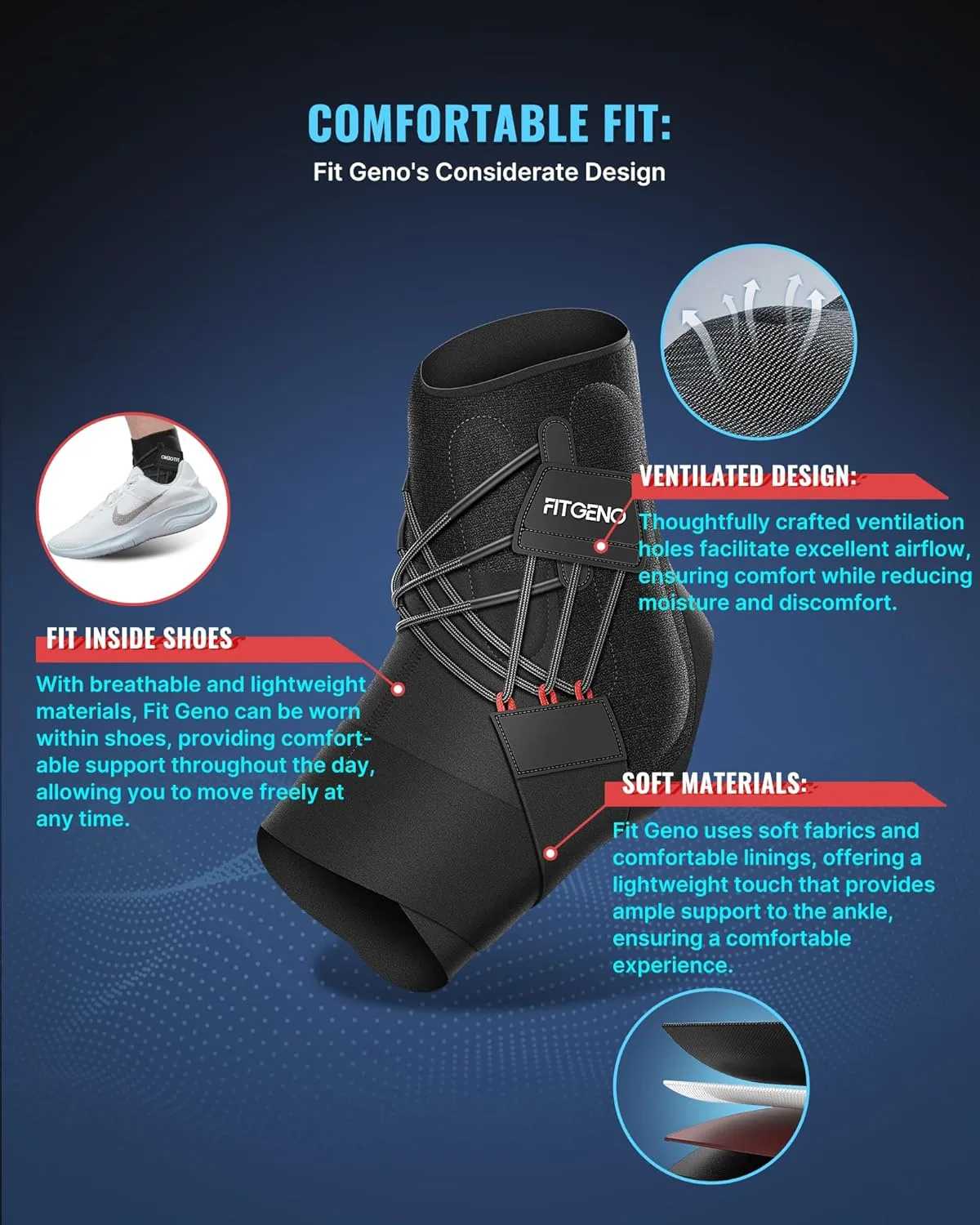 Fit Geno Ankle Brace for Sprained Ankles – Adjustable Ankle Stabilizer with Quick-Release Straps, Breathable Support for Men & Women – Reduces Swelling, Speeds Recovery