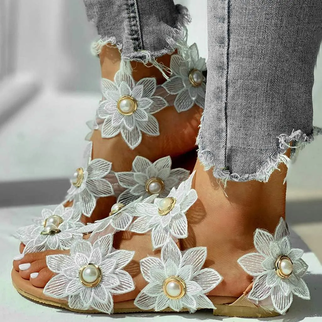 Flat Sandals for Women, White Sandals Woman Dressy Summer, Bohemian Lace Flower Beach Flip Flops Elegant Bridal Sandals Toe Ring Strappy Wedding Sandals for Bride (h-White, 7.5)