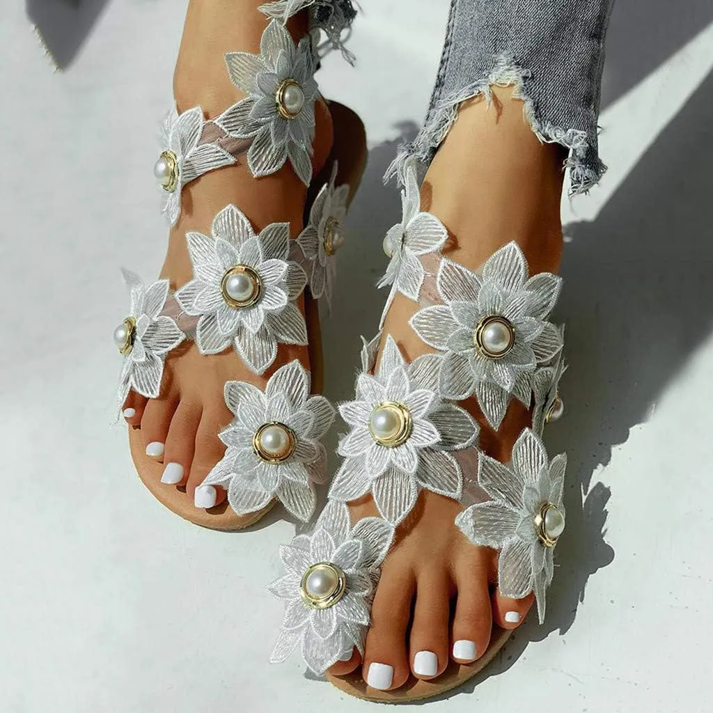 Flat Sandals for Women, White Sandals Woman Dressy Summer, Bohemian Lace Flower Beach Flip Flops Elegant Bridal Sandals Toe Ring Strappy Wedding Sandals for Bride (h-White, 7.5)