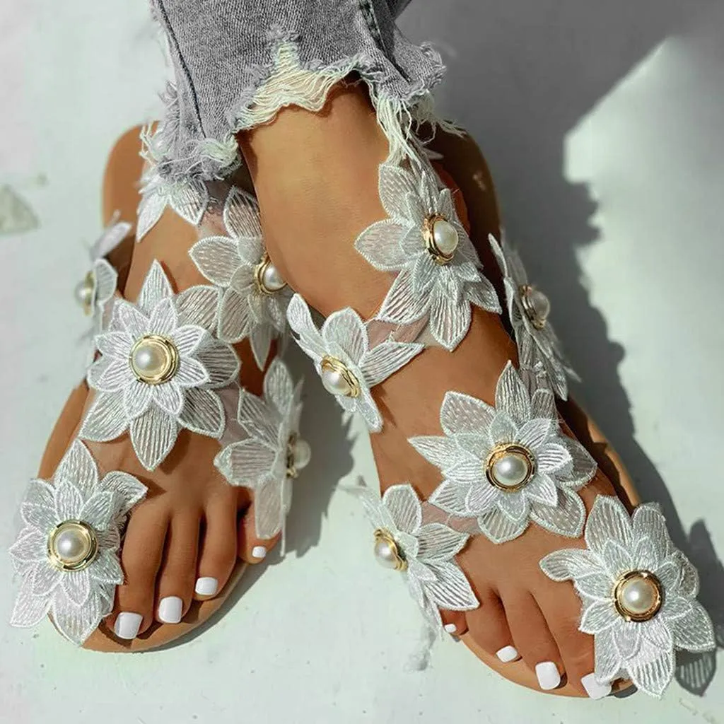 Flat Sandals for Women, White Sandals Woman Dressy Summer, Bohemian Lace Flower Beach Flip Flops Elegant Bridal Sandals Toe Ring Strappy Wedding Sandals for Bride (h-White, 7.5)