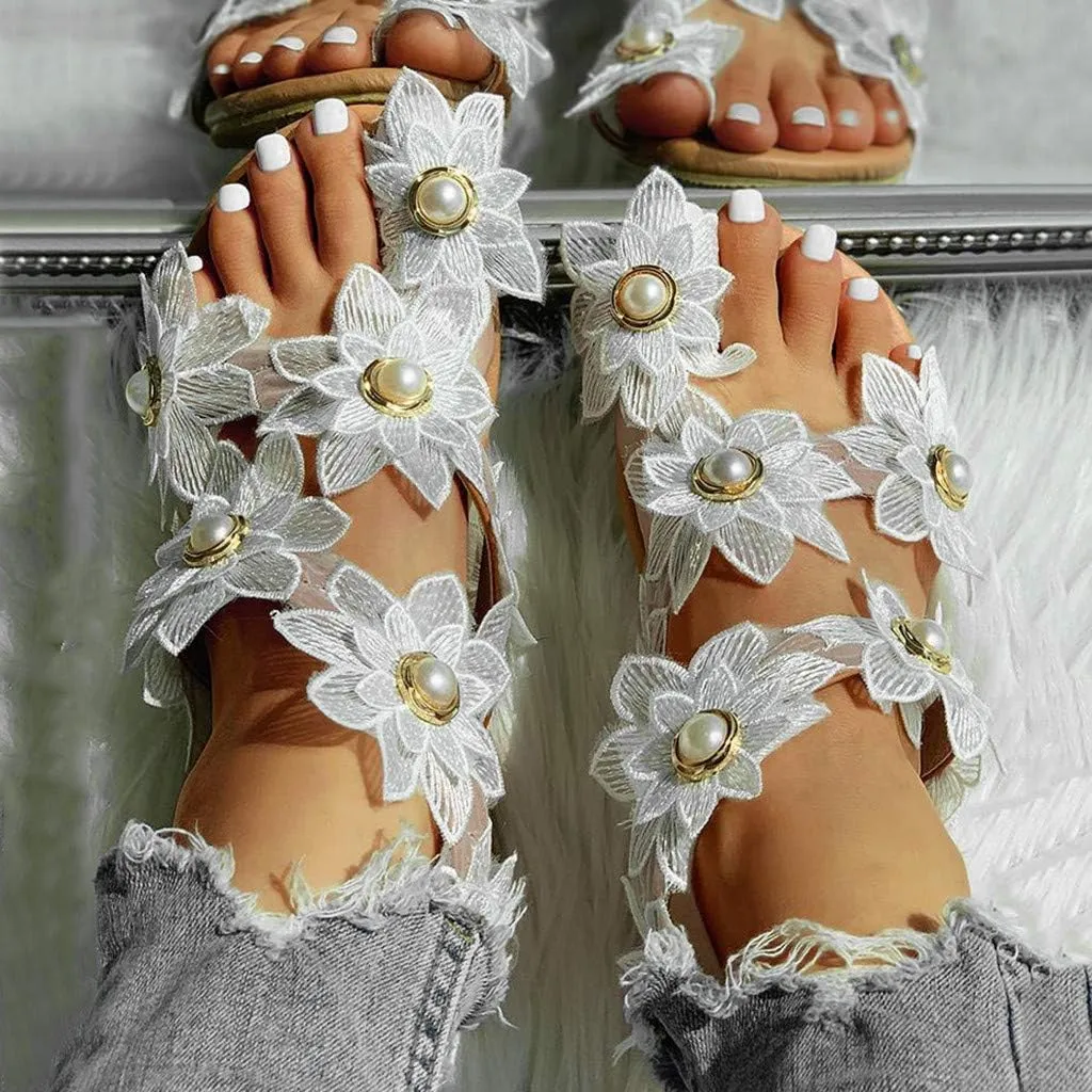 Flat Sandals for Women, White Sandals Woman Dressy Summer, Bohemian Lace Flower Beach Flip Flops Elegant Bridal Sandals Toe Ring Strappy Wedding Sandals for Bride (h-White, 7.5)