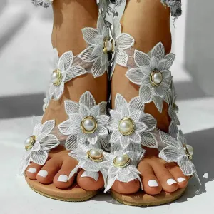 Flat Sandals for Women, White Sandals Woman Dressy Summer, Bohemian Lace Flower Beach Flip Flops Elegant Bridal Sandals Toe Ring Strappy Wedding Sandals for Bride (h-White, 7.5)