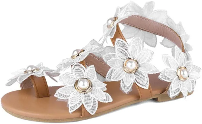 Flat Sandals for Women, White Sandals Woman Dressy Summer, Bohemian Lace Flower Beach Flip Flops Elegant Bridal Sandals Toe Ring Strappy Wedding Sandals for Bride (h-White, 7.5)