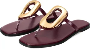 Flip-Flops for Women Thong Sandals Flat Black Slip on Slides Leather Beach Comfort Open Square Toe Ladies Slipper Dressy Metal Hardware Decoration Summer Shoes Casual Fashion