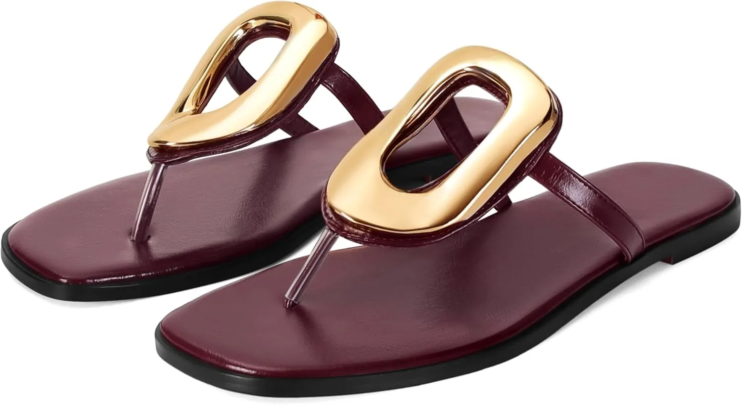 Flip-Flops for Women Thong Sandals Flat Black Slip on Slides Leather Beach Comfort Open Square Toe Ladies Slipper Dressy Metal Hardware Decoration Summer Shoes Casual Fashion
