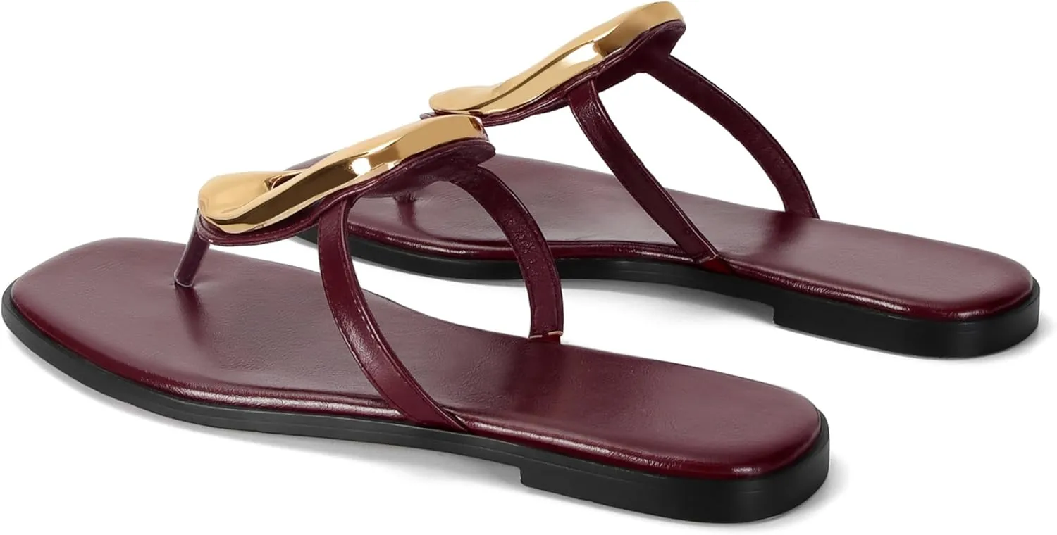 Flip-Flops for Women Thong Sandals Flat Black Slip on Slides Leather Beach Comfort Open Square Toe Ladies Slipper Dressy Metal Hardware Decoration Summer Shoes Casual Fashion