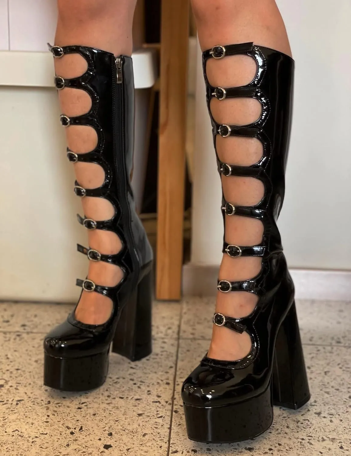 Frankie Hsu Gothic Lolita Women's Large Size Buckle Strap Black Patent Leather Platform Chunky Block Knee High Heeled Boots