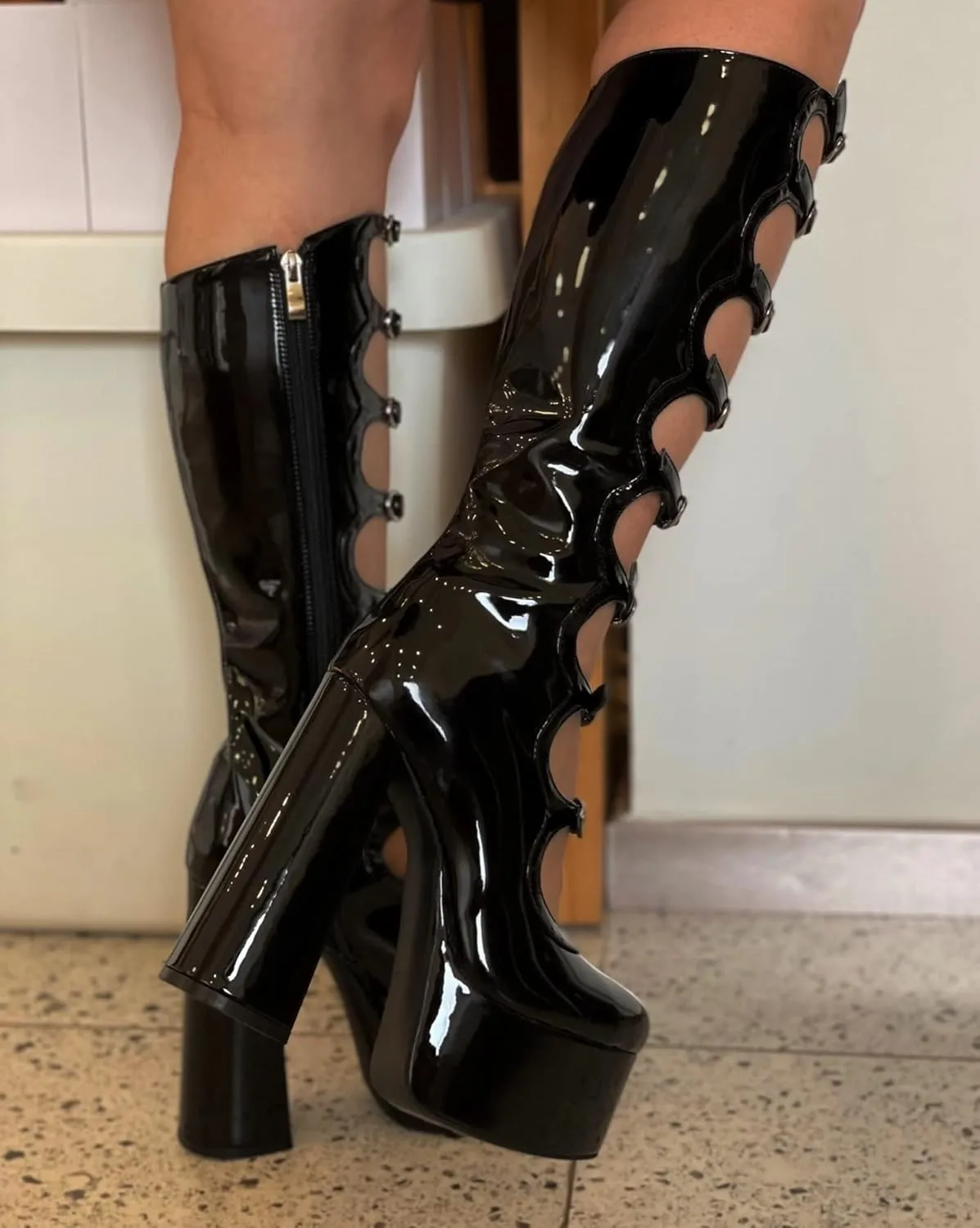 Frankie Hsu Gothic Lolita Women's Large Size Buckle Strap Black Patent Leather Platform Chunky Block Knee High Heeled Boots