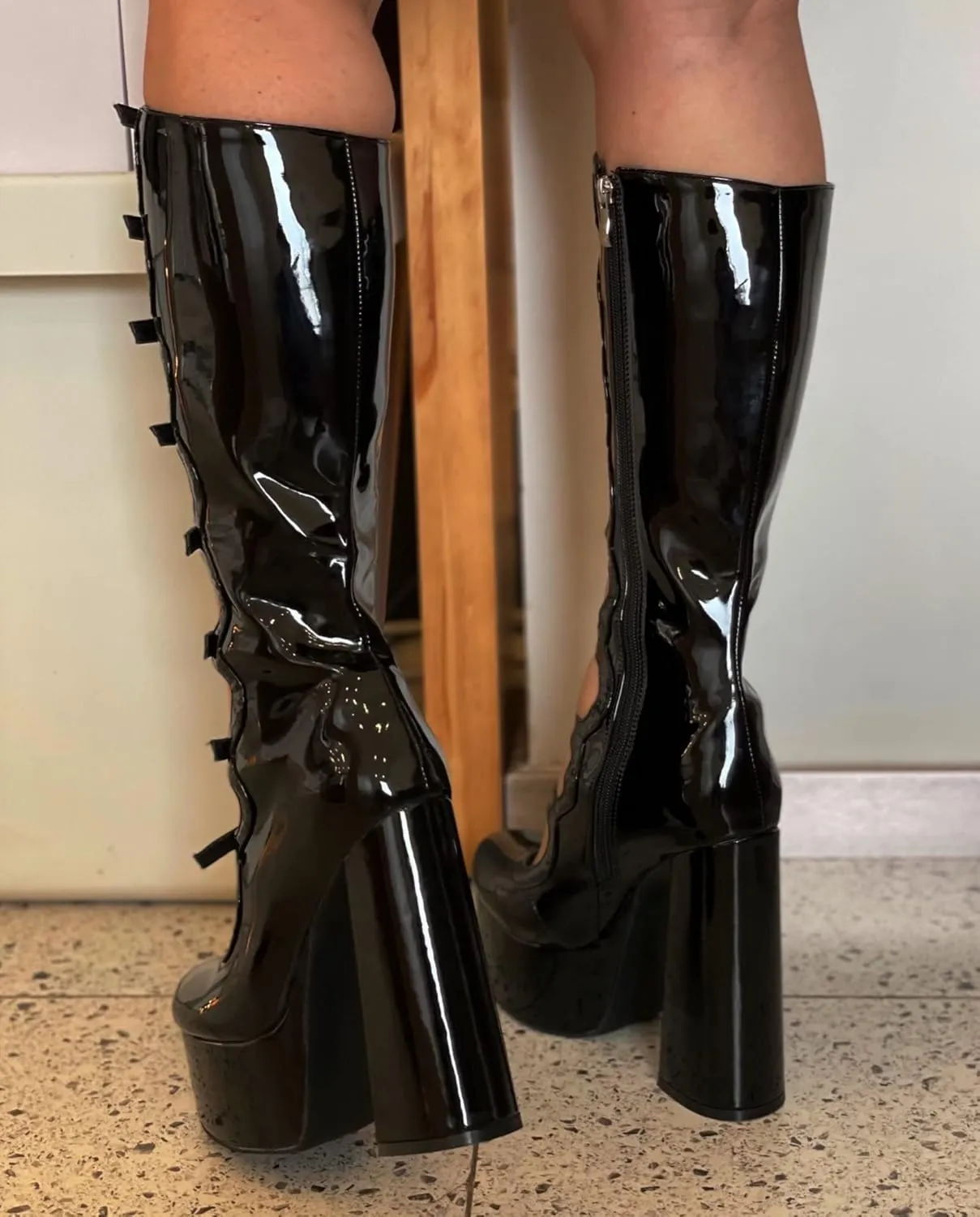 Frankie Hsu Gothic Lolita Women's Large Size Buckle Strap Black Patent Leather Platform Chunky Block Knee High Heeled Boots