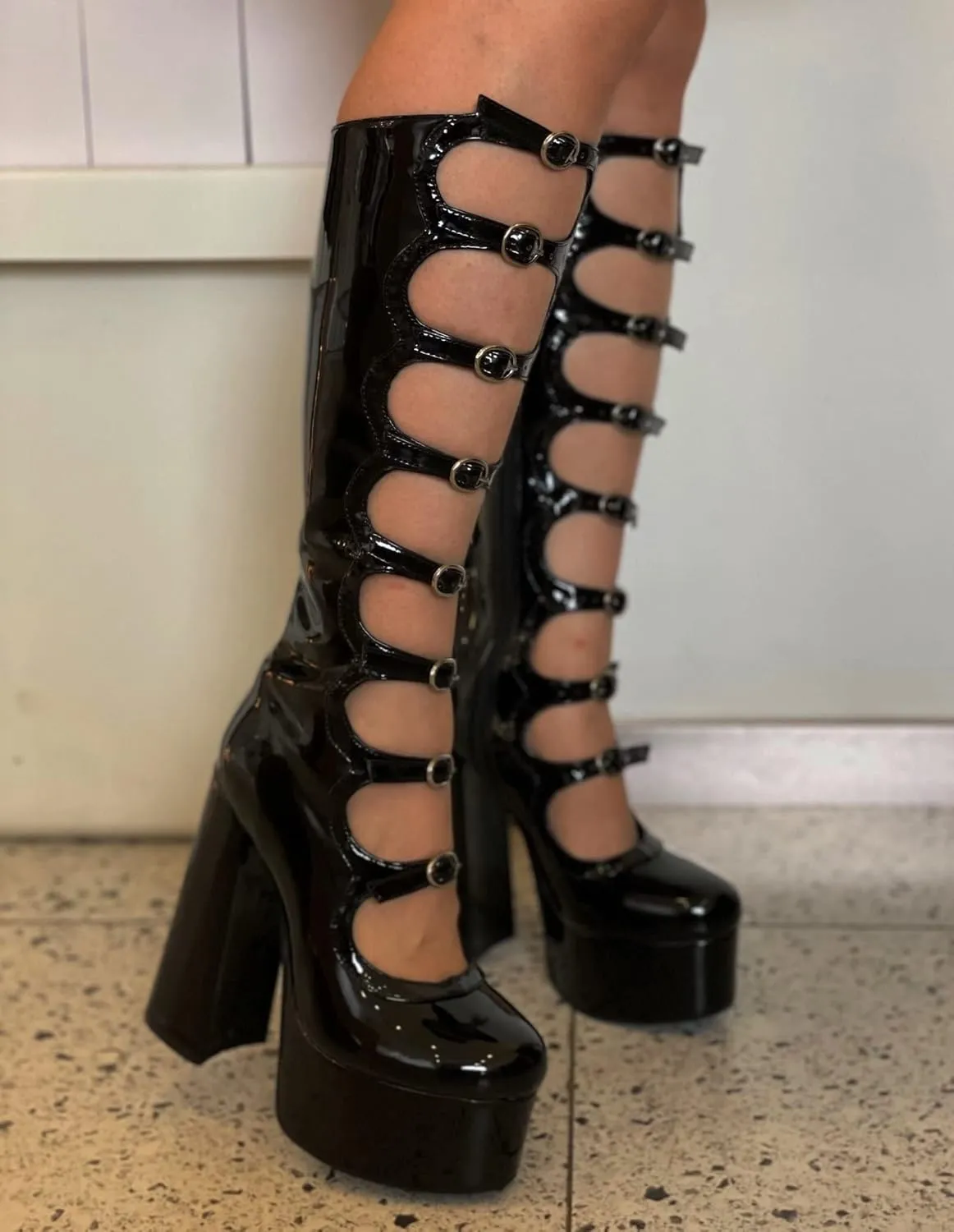 Frankie Hsu Gothic Lolita Women's Large Size Buckle Strap Black Patent Leather Platform Chunky Block Knee High Heeled Boots