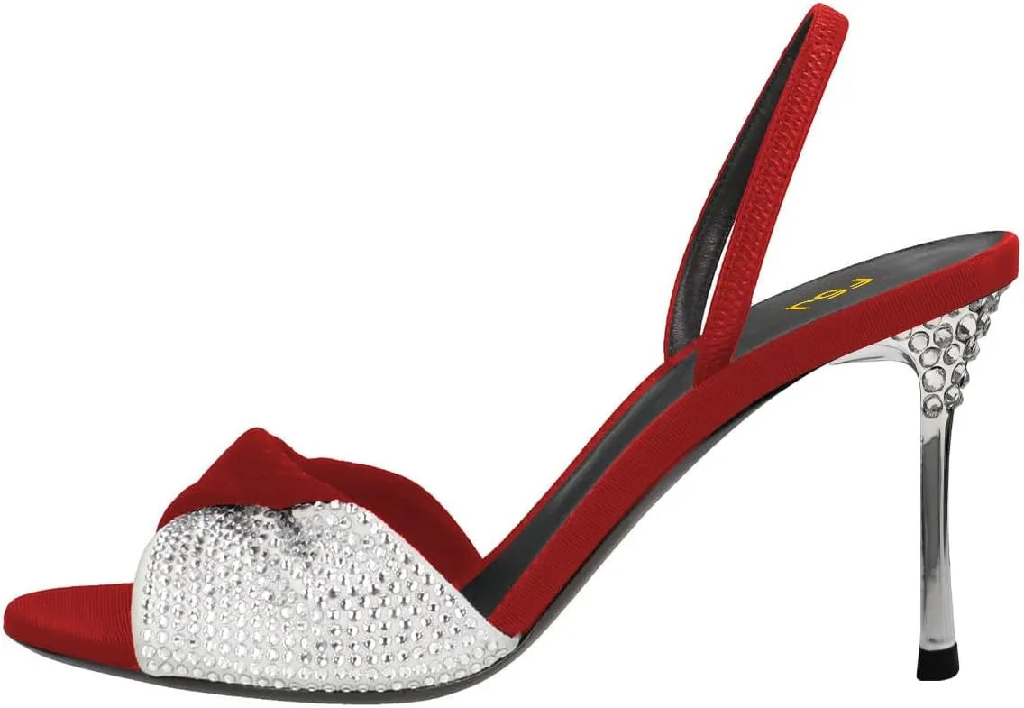 FSJ Women Open Toe Slingback Sandals Rhinestones Band Fold Stiletto High Heels Sexy Ladies Daily Wear Pumps Shoes Size 4-16 US