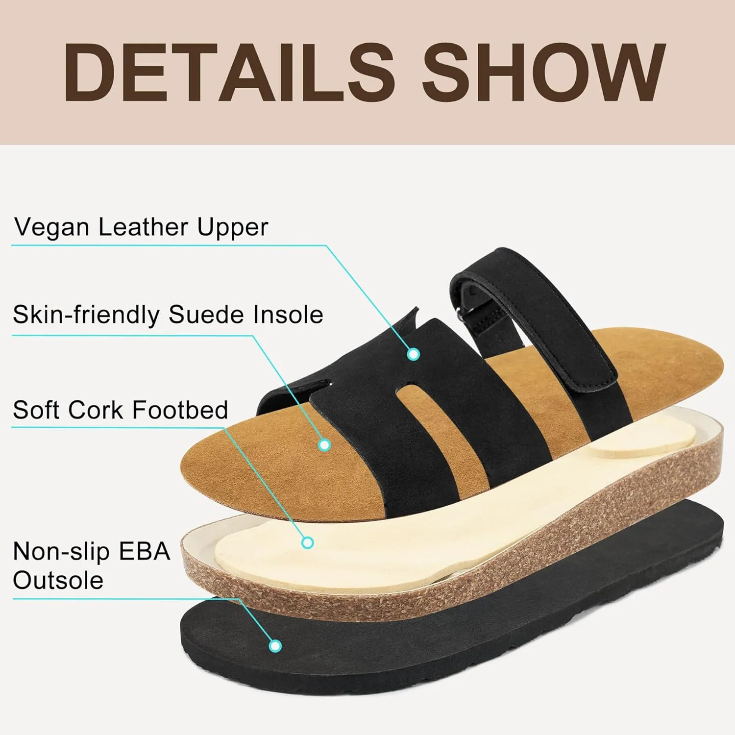 FUDYNMALC Womens Slides Sandals with Cork Footbed: Summer Beach Flat Shoes Adjustable Comfortable Dressy Walking Footwear 2025