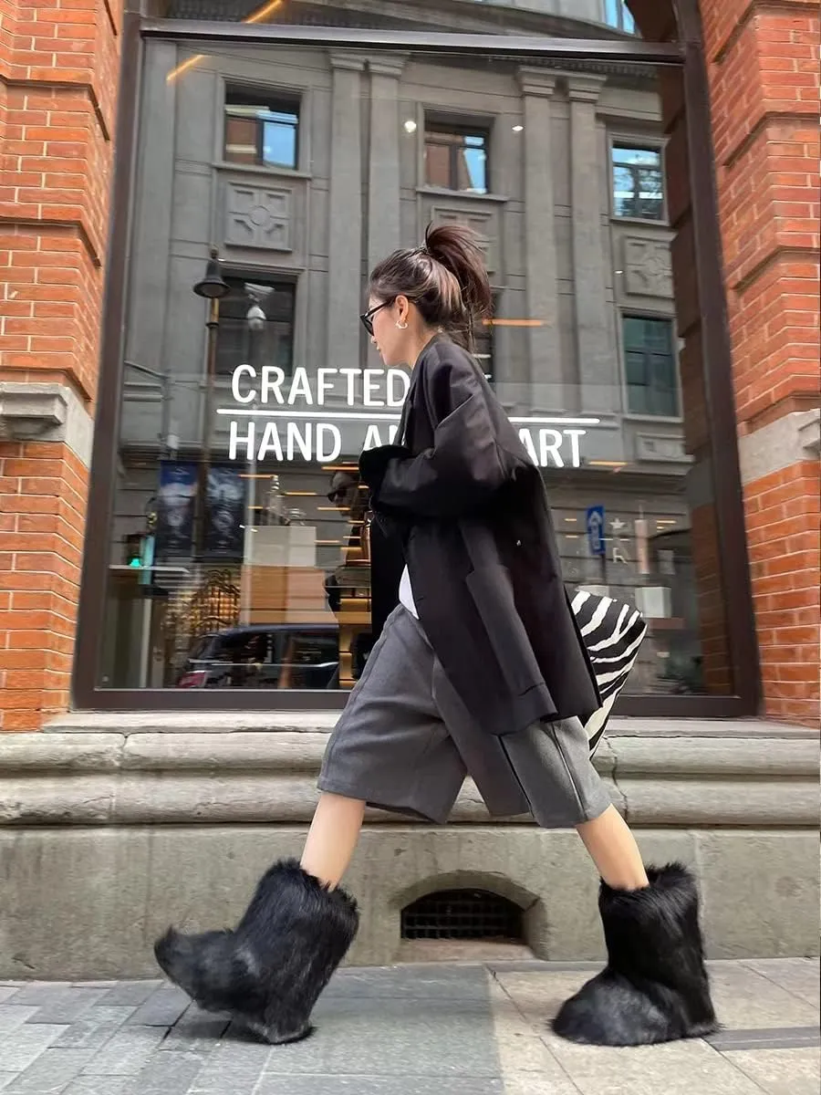 Furry Faux Fur Boots Women's Winter Shoes Woman Fluffy Warm Snow Boots Mid-Calf Comfortable Outdoor Flat