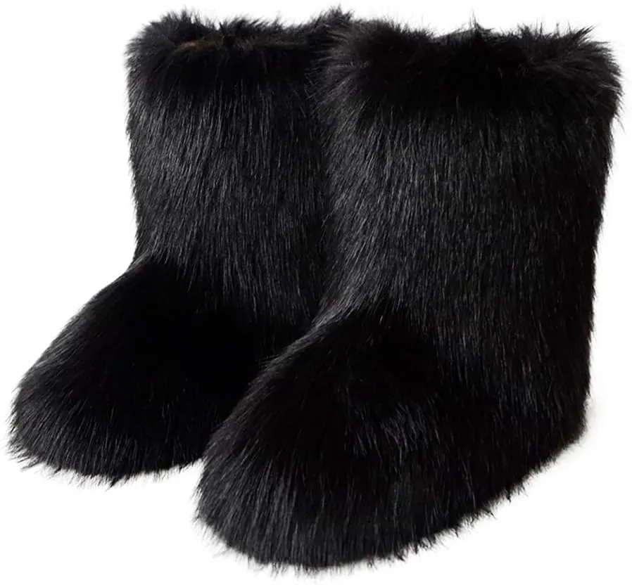Furry Faux Fur Boots Women's Winter Shoes Woman Fluffy Warm Snow Boots Mid-Calf Comfortable Outdoor Flat