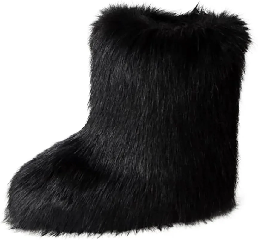 Furry Faux Fur Boots Women's Winter Shoes Woman Fluffy Warm Snow Boots Mid-Calf Comfortable Outdoor Flat