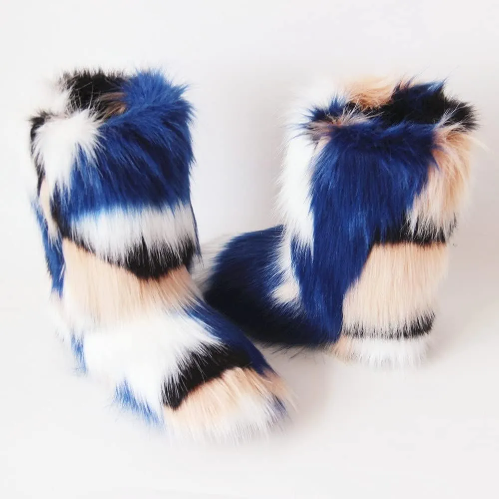 Gegefur Women's Faux fur Boot Furry Fluffy Short Snow Boot Mid-Calf Boots Warm Comfortable Outdoor Flat Shoes