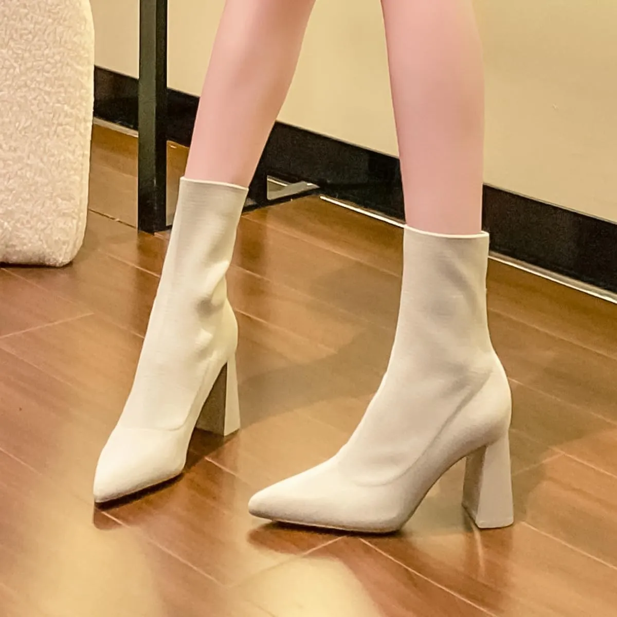 getmorebeauty Women's Ankle Boots Low Block Heel Stretch Knit Pointed Toe Mid Calf Boots Fashion Short Boots