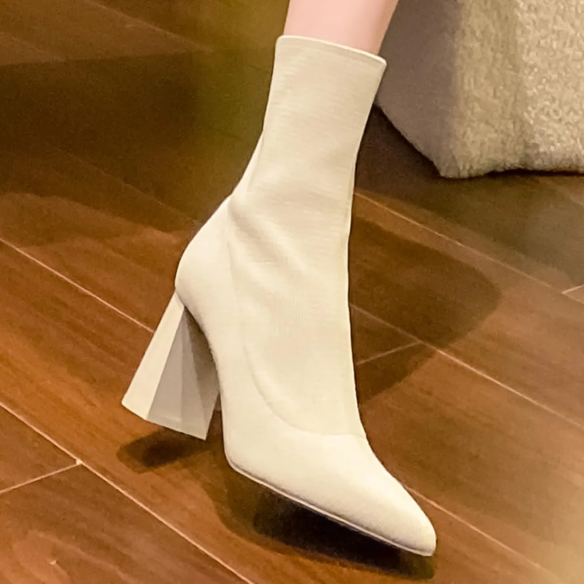 getmorebeauty Women's Ankle Boots Low Block Heel Stretch Knit Pointed Toe Mid Calf Boots Fashion Short Boots