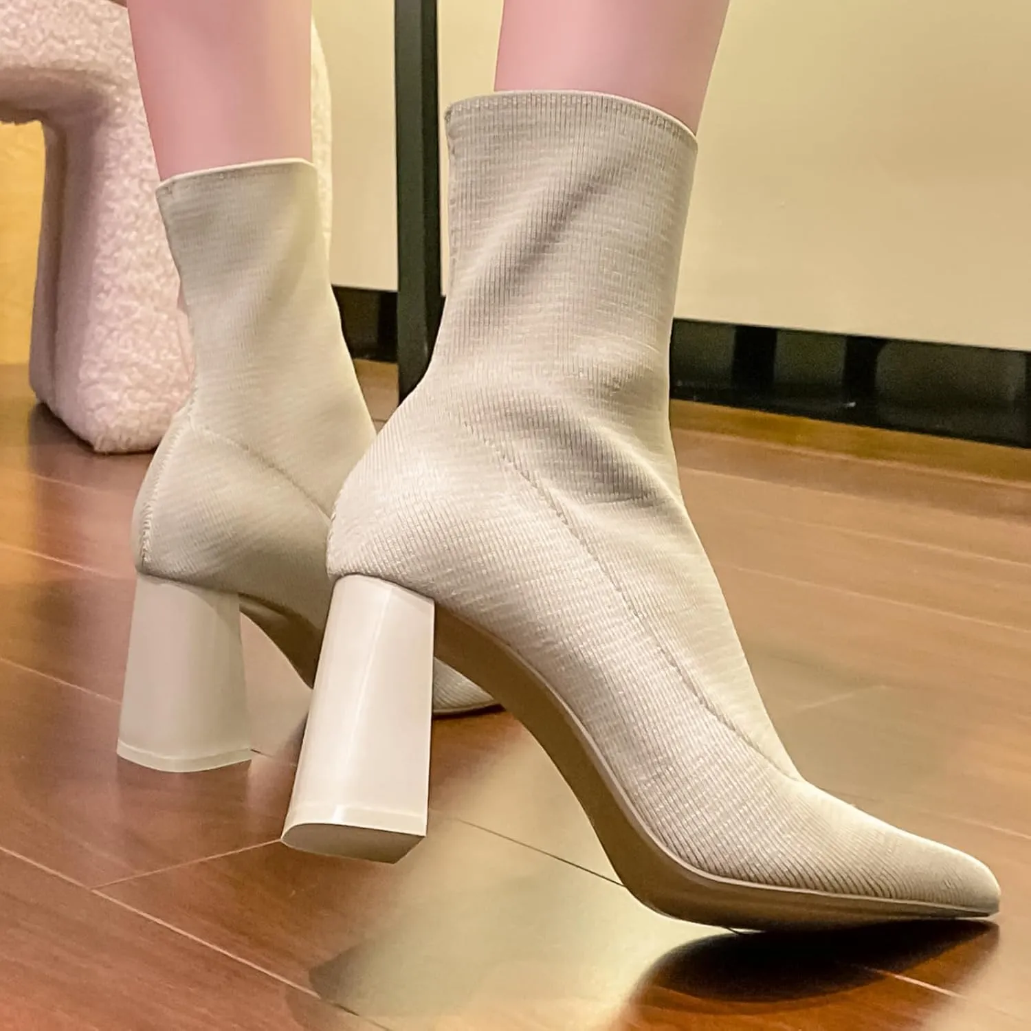 getmorebeauty Women's Ankle Boots Low Block Heel Stretch Knit Pointed Toe Mid Calf Boots Fashion Short Boots