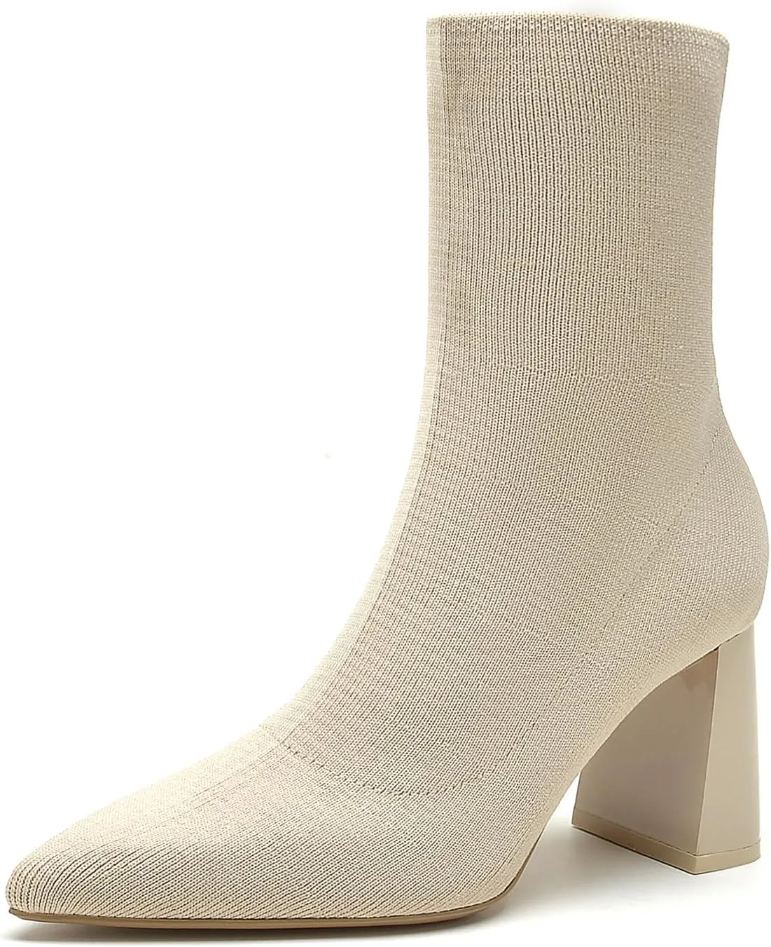 getmorebeauty Women's Ankle Boots Low Block Heel Stretch Knit Pointed Toe Mid Calf Boots Fashion Short Boots