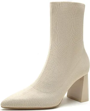 getmorebeauty Women's Ankle Boots Low Block Heel Stretch Knit Pointed Toe Mid Calf Boots Fashion Short Boots