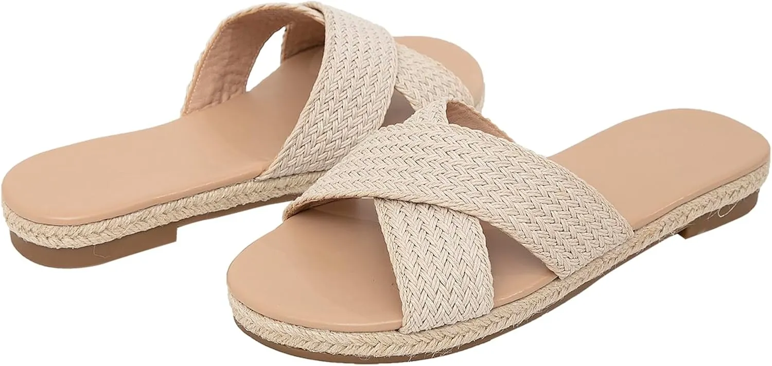 getmorebeauty Women's Slide Sandals Espadrilles Braided Crossover Band Open Toe Slip On Dress Flats Shoes Summer