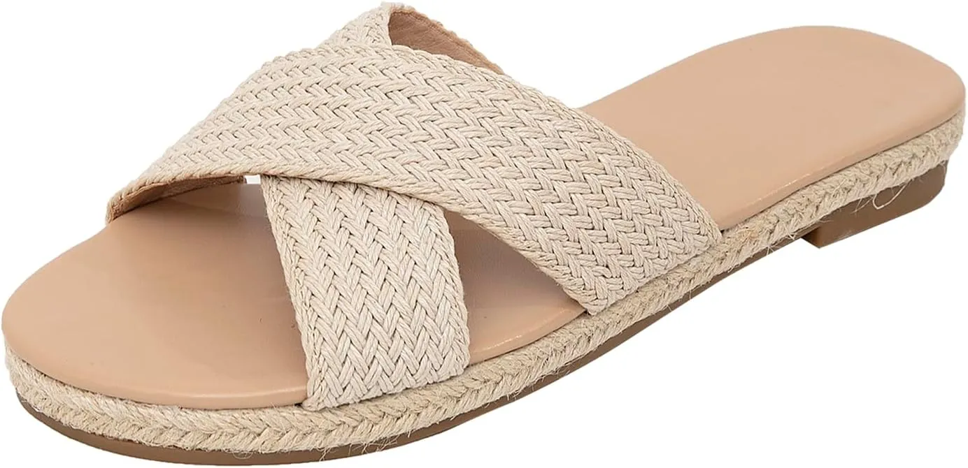 getmorebeauty Women's Slide Sandals Espadrilles Braided Crossover Band Open Toe Slip On Dress Flats Shoes Summer