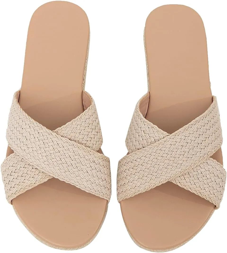 getmorebeauty Women's Slide Sandals Espadrilles Braided Crossover Band Open Toe Slip On Dress Flats Shoes Summer