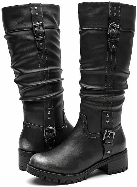 GLOBALWIN Women's Black Knee-High Boots: Fashion Dressy Riding Boots - Chunky Low Heel, Slouchy Design, Buckle Detail, All-Season, Comfortable 2-Inch Heels