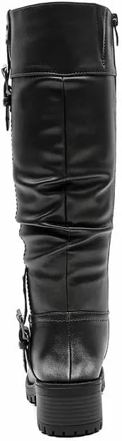 GLOBALWIN Women's Black Knee-High Boots: Fashion Dressy Riding Boots - Chunky Low Heel, Slouchy Design, Buckle Detail, All-Season, Comfortable 2-Inch Heels