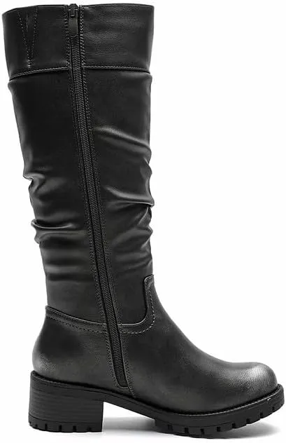 GLOBALWIN Women's Black Knee-High Boots: Fashion Dressy Riding Boots - Chunky Low Heel, Slouchy Design, Buckle Detail, All-Season, Comfortable 2-Inch Heels