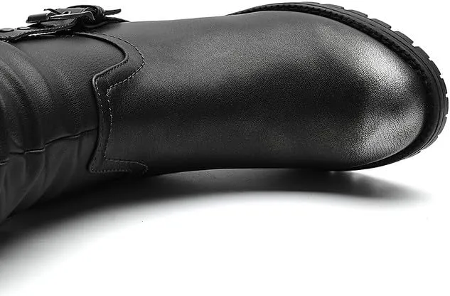 GLOBALWIN Women's Black Knee-High Boots: Fashion Dressy Riding Boots - Chunky Low Heel, Slouchy Design, Buckle Detail, All-Season, Comfortable 2-Inch Heels