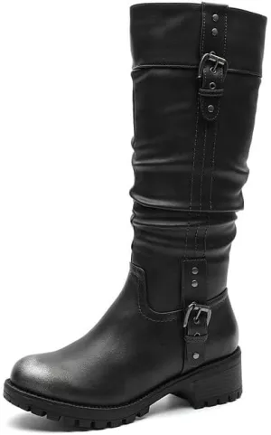 GLOBALWIN Women's Black Knee-High Boots: Fashion Dressy Riding Boots - Chunky Low Heel, Slouchy Design, Buckle Detail, All-Season, Comfortable 2-Inch Heels