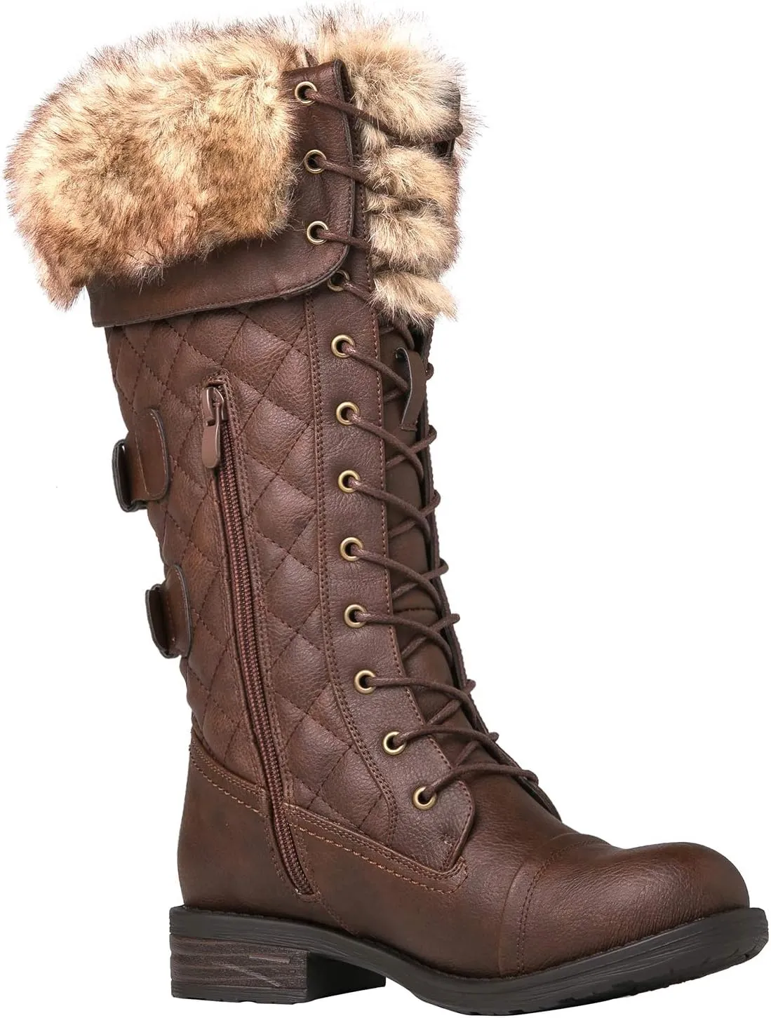 GLOBALWIN Women's Mid Calf To Knee High Boots Dressy Lace Up Combat Boots for Women Low Heel