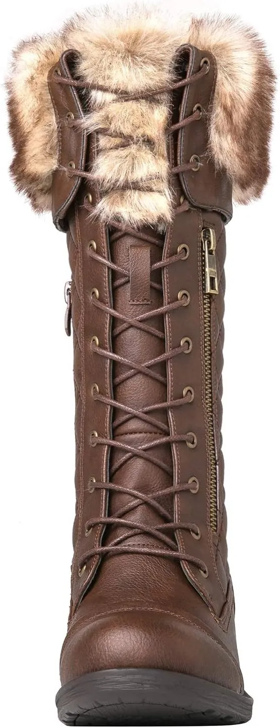 GLOBALWIN Women's Mid Calf To Knee High Boots Dressy Lace Up Combat Boots for Women Low Heel
