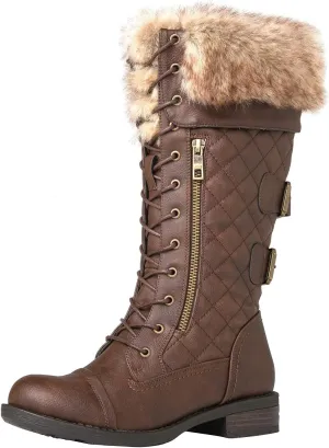 GLOBALWIN Women's Mid Calf To Knee High Boots Dressy Lace Up Combat Boots for Women Low Heel