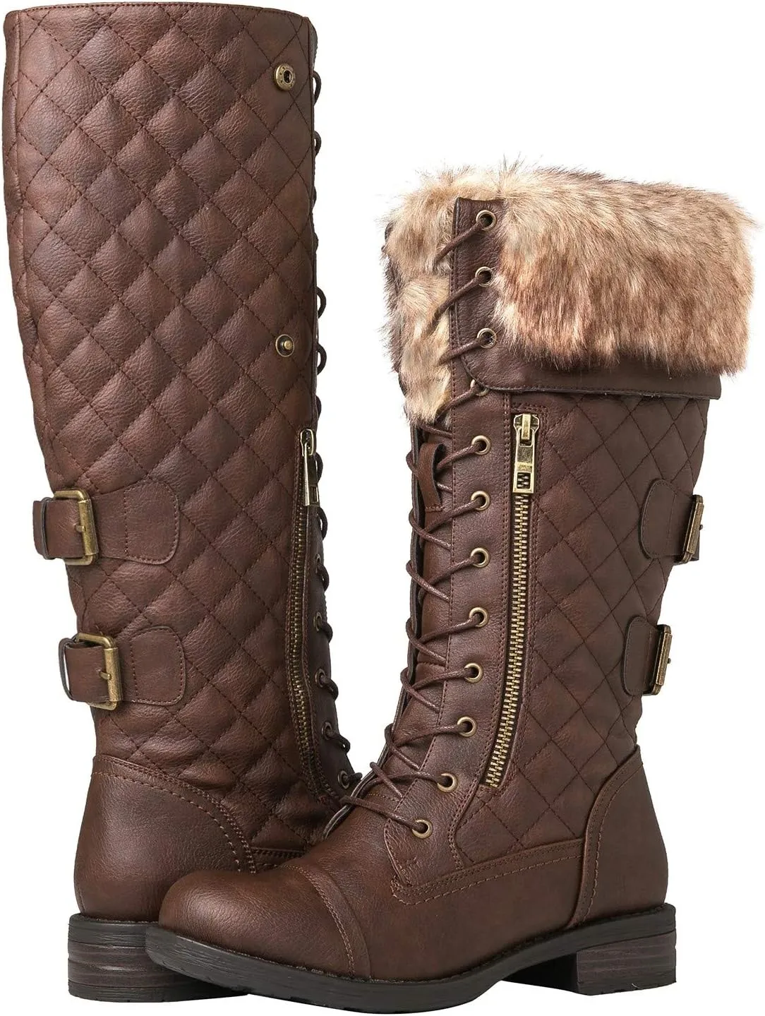 GLOBALWIN Women's Mid Calf To Knee High Boots Dressy Lace Up Combat Boots for Women Low Heel