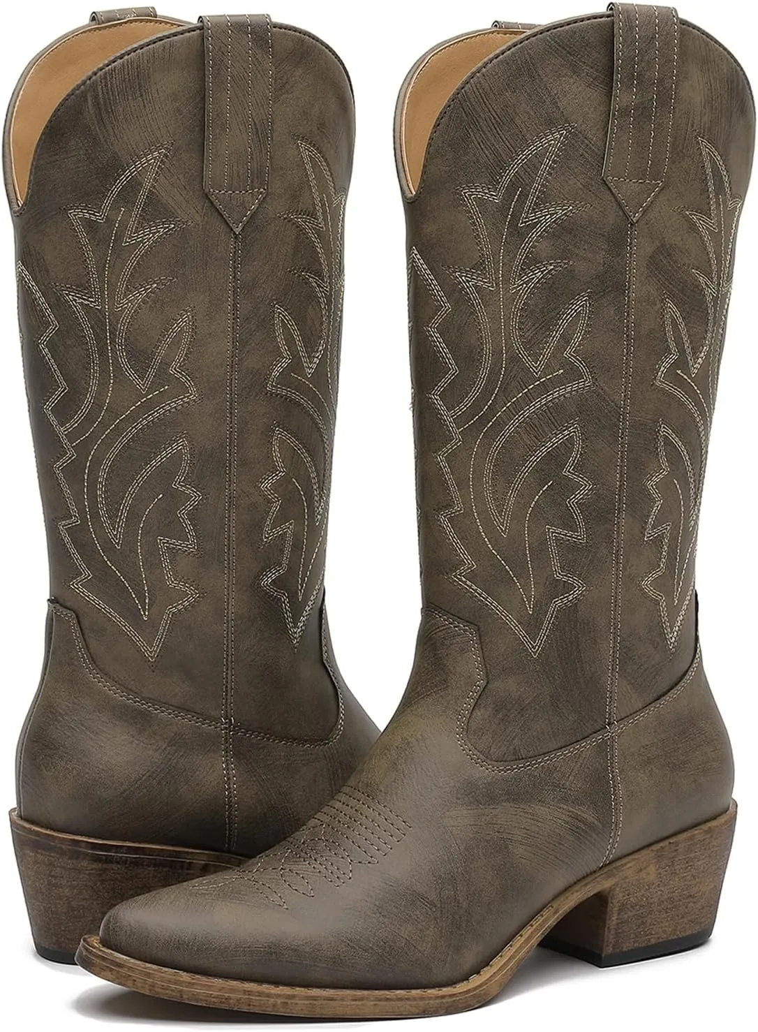GLOBALWIN Women's Mid Calf Western Cowboy Boots Cowgirl Boots for Women with Floral Embroidery Side Zipper Chunky Heel
