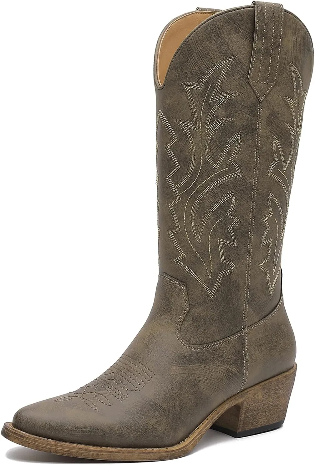 GLOBALWIN Women's Mid Calf Western Cowboy Boots Cowgirl Boots for Women with Floral Embroidery Side Zipper Chunky Heel