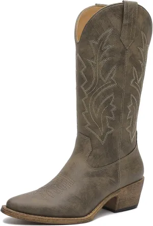 GLOBALWIN Women's Mid Calf Western Cowboy Boots Cowgirl Boots for Women with Floral Embroidery Side Zipper Chunky Heel