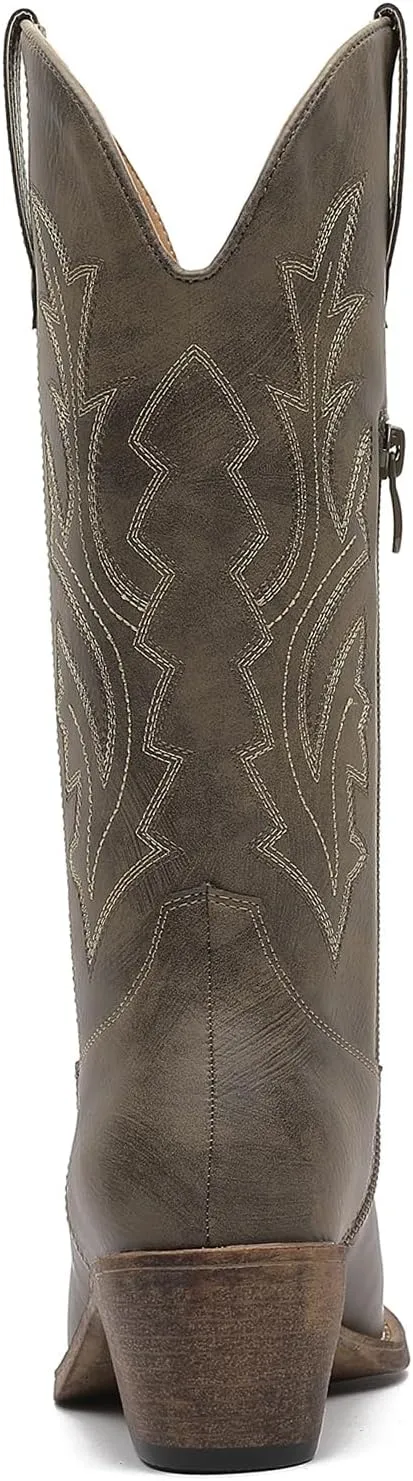 GLOBALWIN Women's Mid Calf Western Cowboy Boots Cowgirl Boots for Women with Floral Embroidery Side Zipper Chunky Heel
