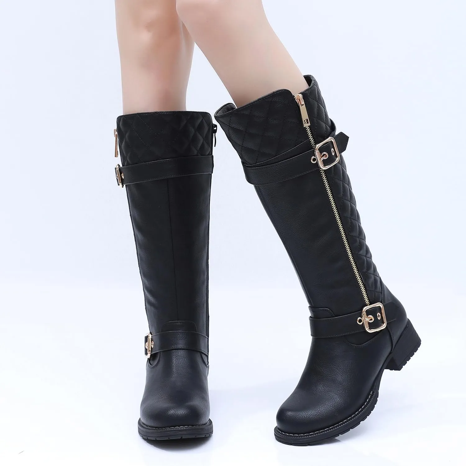 GLOBALWIN Women's Quilted Knee High Boots Low Heel Comfortable Fashion Dressy Riding Boots For Women