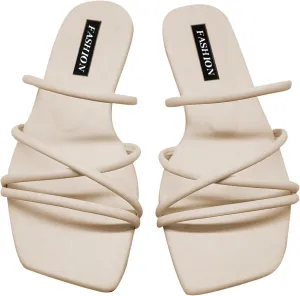 GORGLITTER PU Leather Flat Slip on Sandals Cross Strap Open Toe Summer Slide Sandals