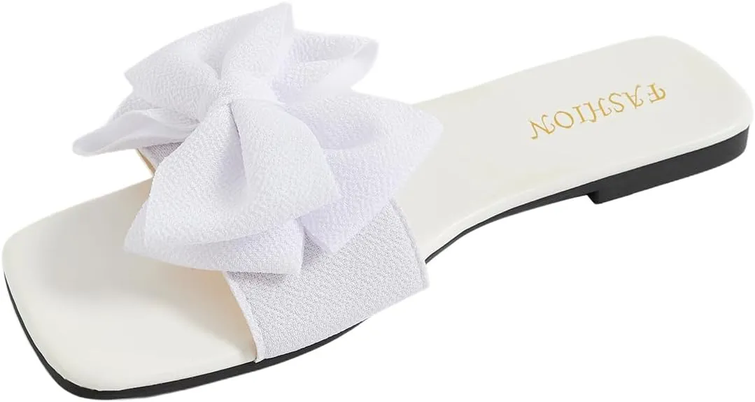 GORGLITTER Women's Bow Flat Sandals White Sandals Open Toe Slip On Slides Shoes