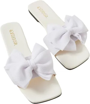 GORGLITTER Women's Bow Flat Sandals White Sandals Open Toe Slip On Slides Shoes